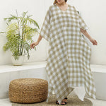 Beige And White Gingham Pattern Print Silk V-Neck Kaftan Dress
