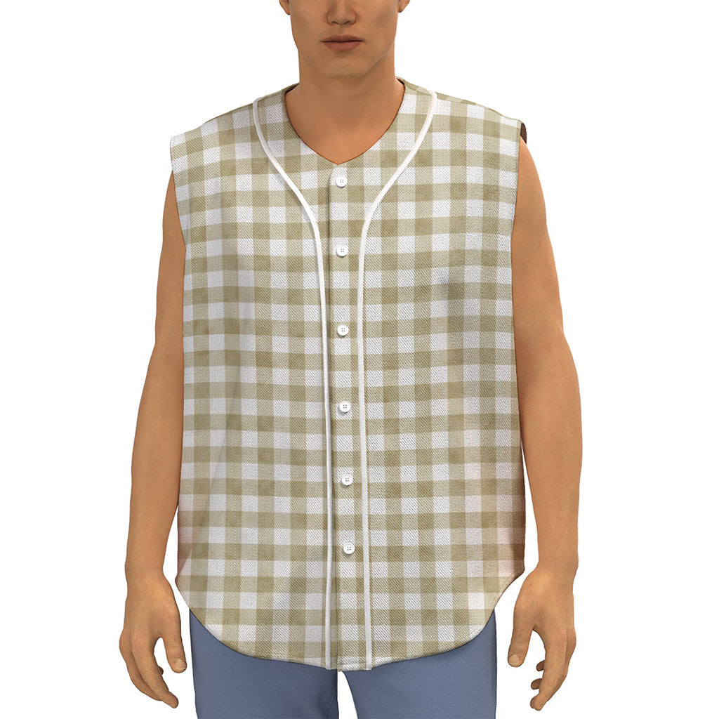 Beige And White Gingham Pattern Print Sleeveless Baseball Jersey