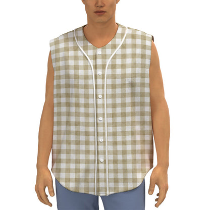Beige And White Gingham Pattern Print Sleeveless Baseball Jersey