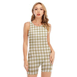 Beige And White Gingham Pattern Print Sleeveless One Piece Swimsuit