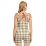 Beige And White Gingham Pattern Print Sleeveless One Piece Swimsuit