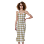 Beige And White Gingham Pattern Print Slim Fit Midi Cami Dress