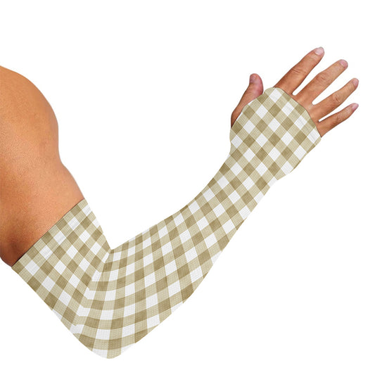 Beige And White Gingham Pattern Print Sun Protection Arm Sleeves