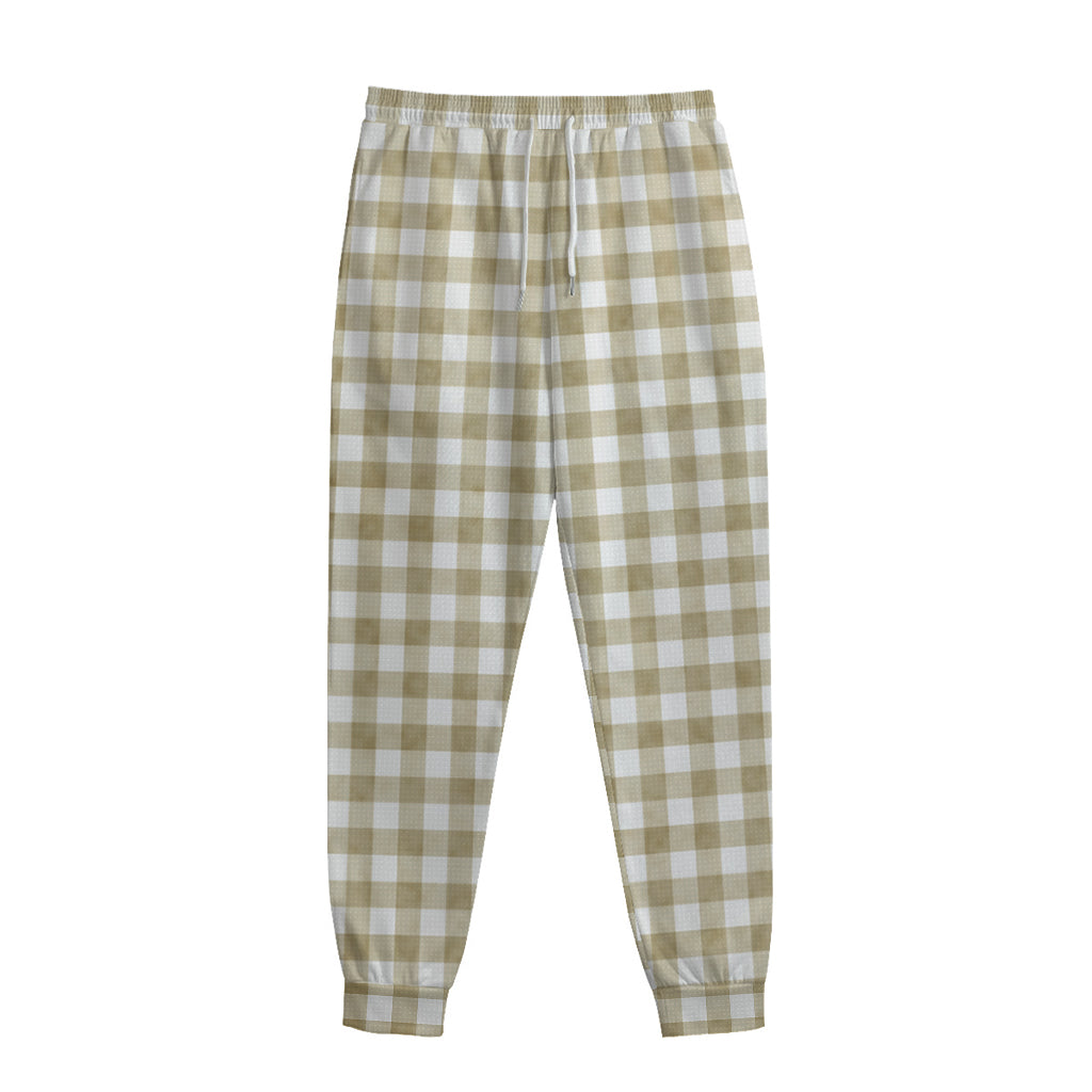 Beige And White Gingham Pattern Print Sweatpants