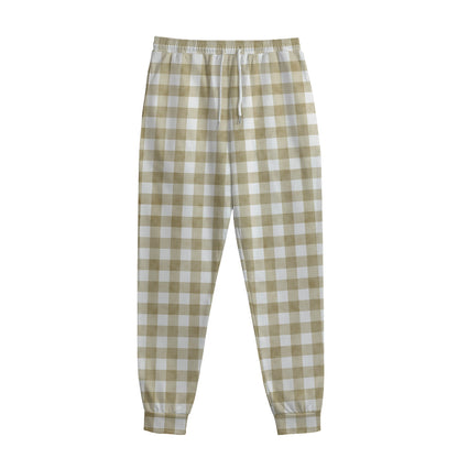 Beige And White Gingham Pattern Print Sweatpants