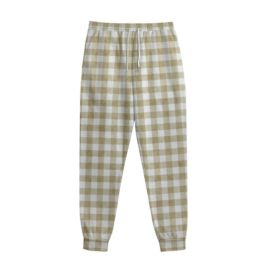 Beige And White Gingham Pattern Print Sweatpants
