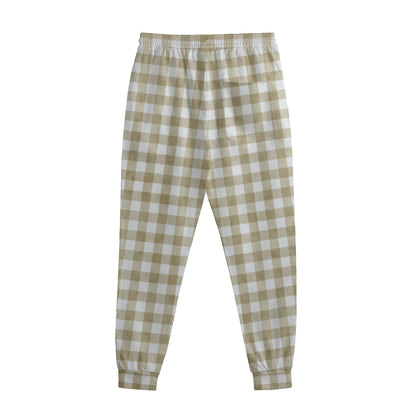 Beige And White Gingham Pattern Print Sweatpants