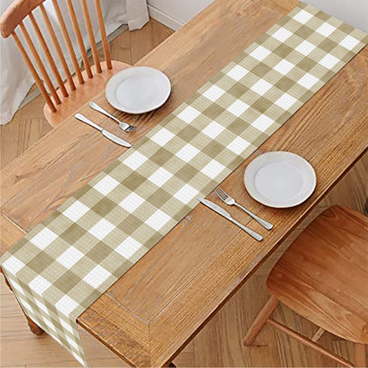 Beige And White Gingham Pattern Print Table Runner