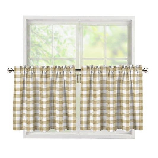 Beige And White Gingham Pattern Print Tier Curtains