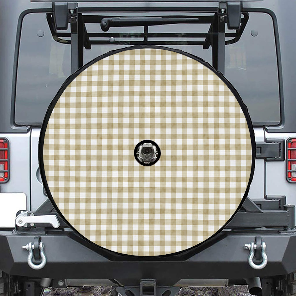 Beige And White Gingham Pattern Print Tire Cover With Camera Hole