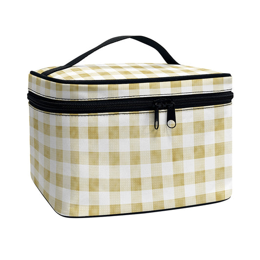Beige And White Gingham Pattern Print Travel Makeup Bag