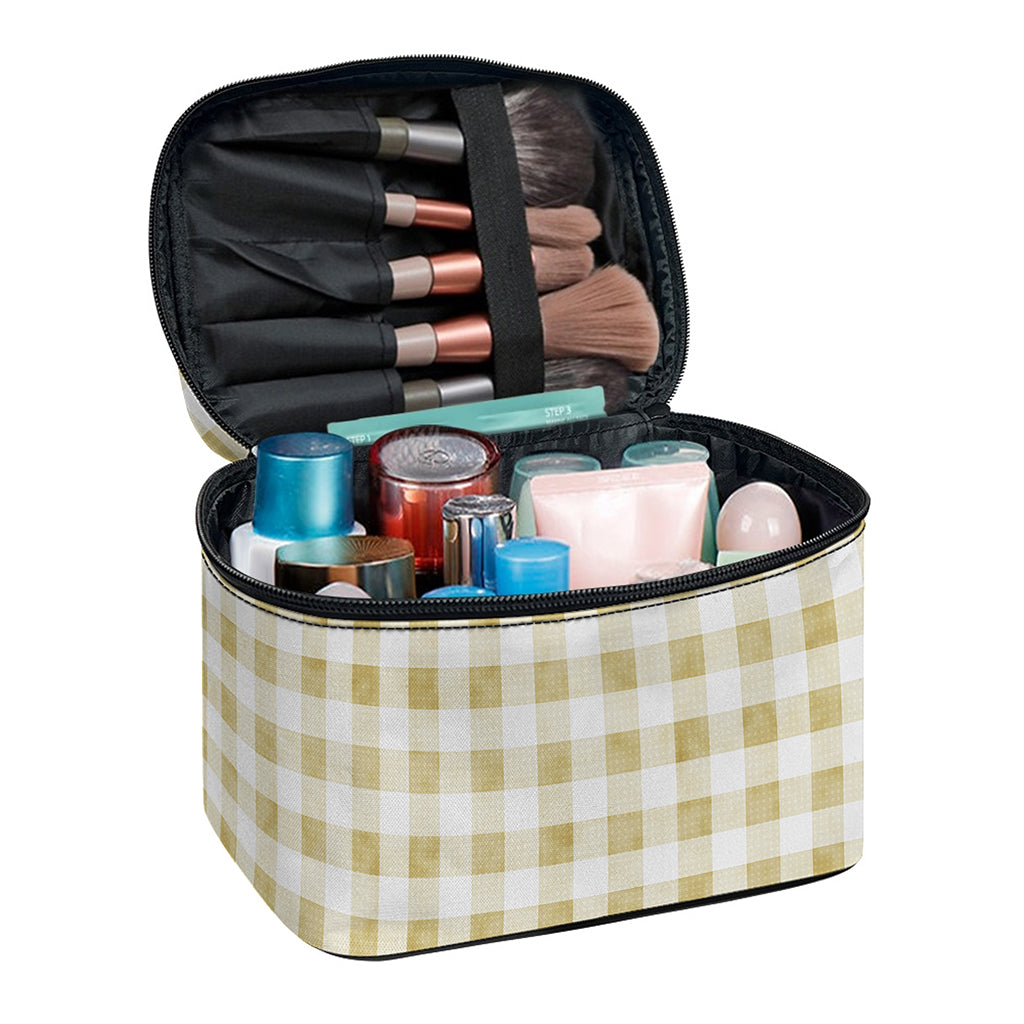 Beige And White Gingham Pattern Print Travel Makeup Bag