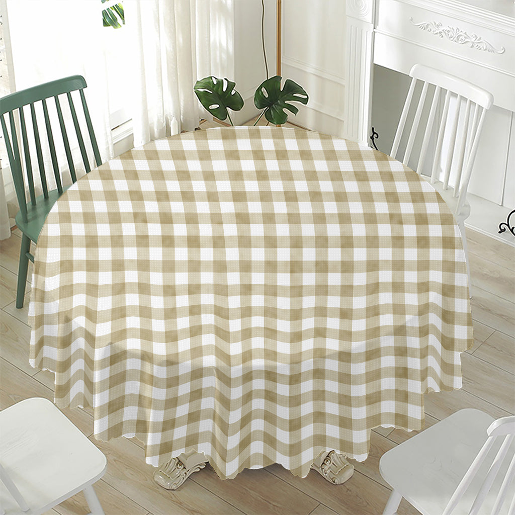 Beige And White Gingham Pattern Print Waterproof Round Tablecloth