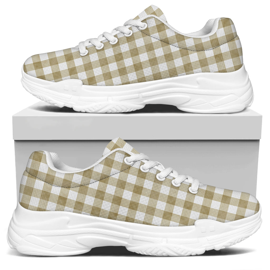 Beige And White Gingham Pattern Print White Chunky Shoes