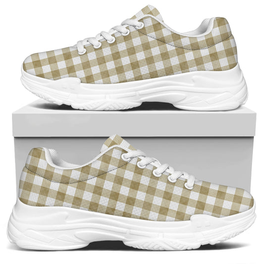 Beige And White Gingham Pattern Print White Chunky Shoes