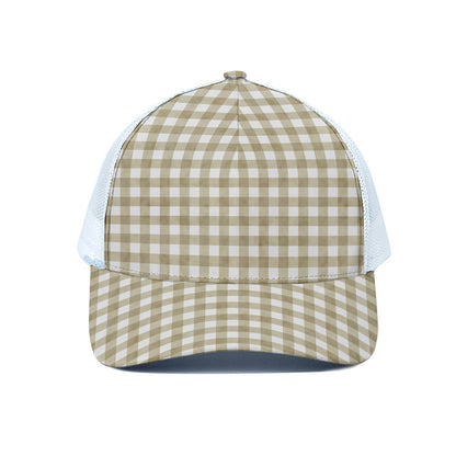 Beige And White Gingham Pattern Print White Mesh Trucker Cap
