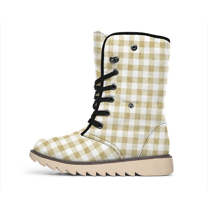Beige And White Gingham Pattern Print Winter Boots