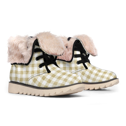Beige And White Gingham Pattern Print Winter Boots
