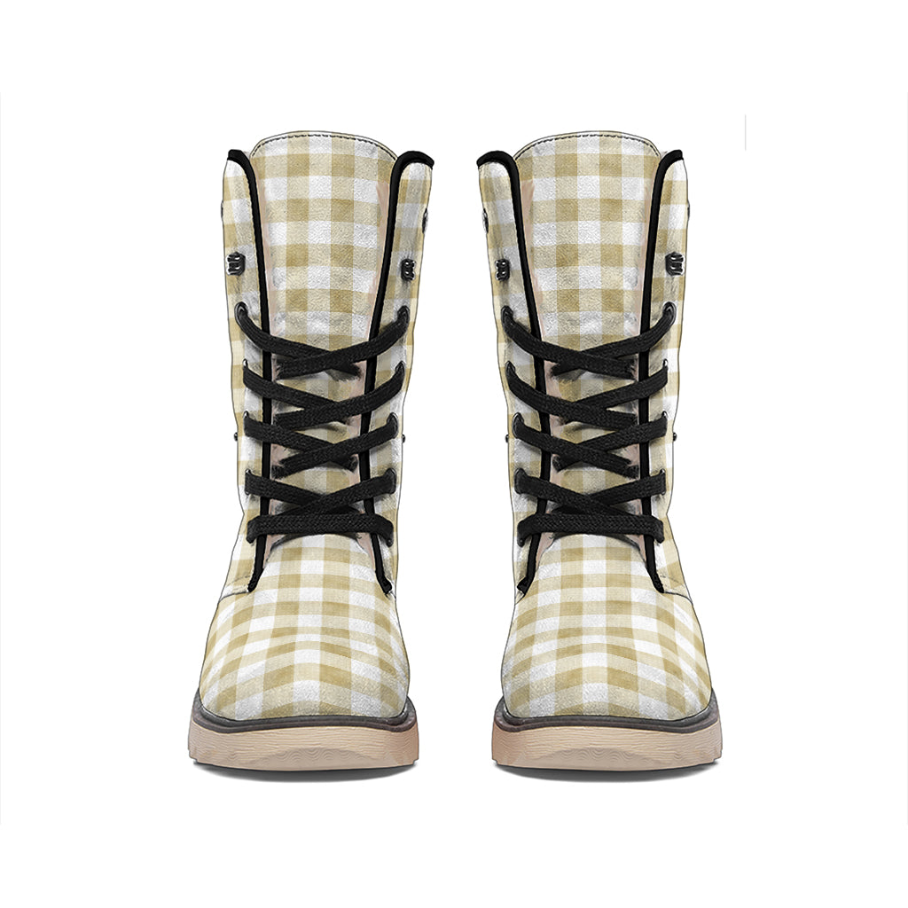 Beige And White Gingham Pattern Print Winter Boots