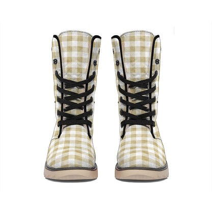 Beige And White Gingham Pattern Print Winter Boots