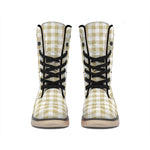 Beige And White Gingham Pattern Print Winter Boots