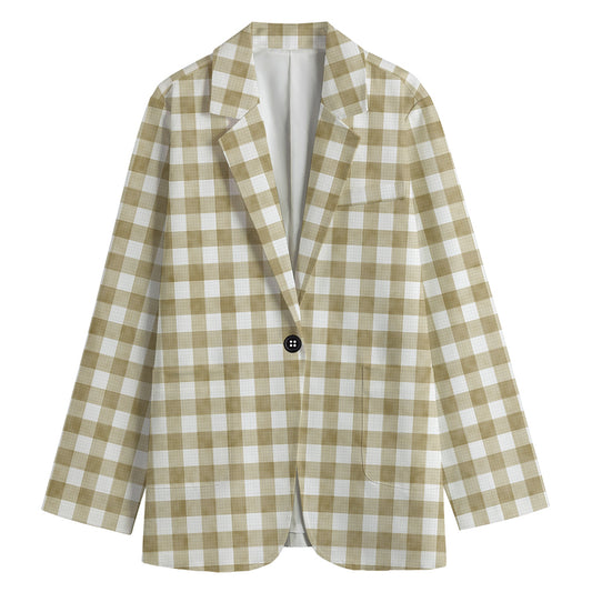 Beige And White Gingham Pattern Print Women's Blazer