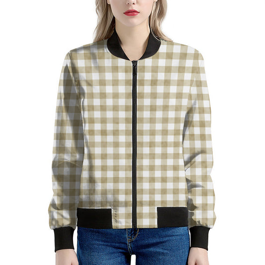 Beige And White Gingham Pattern Print Women's Bomber Jacket