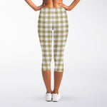 Beige And White Gingham Pattern Print Women's Capri Leggings