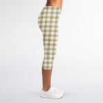 Beige And White Gingham Pattern Print Women's Capri Leggings