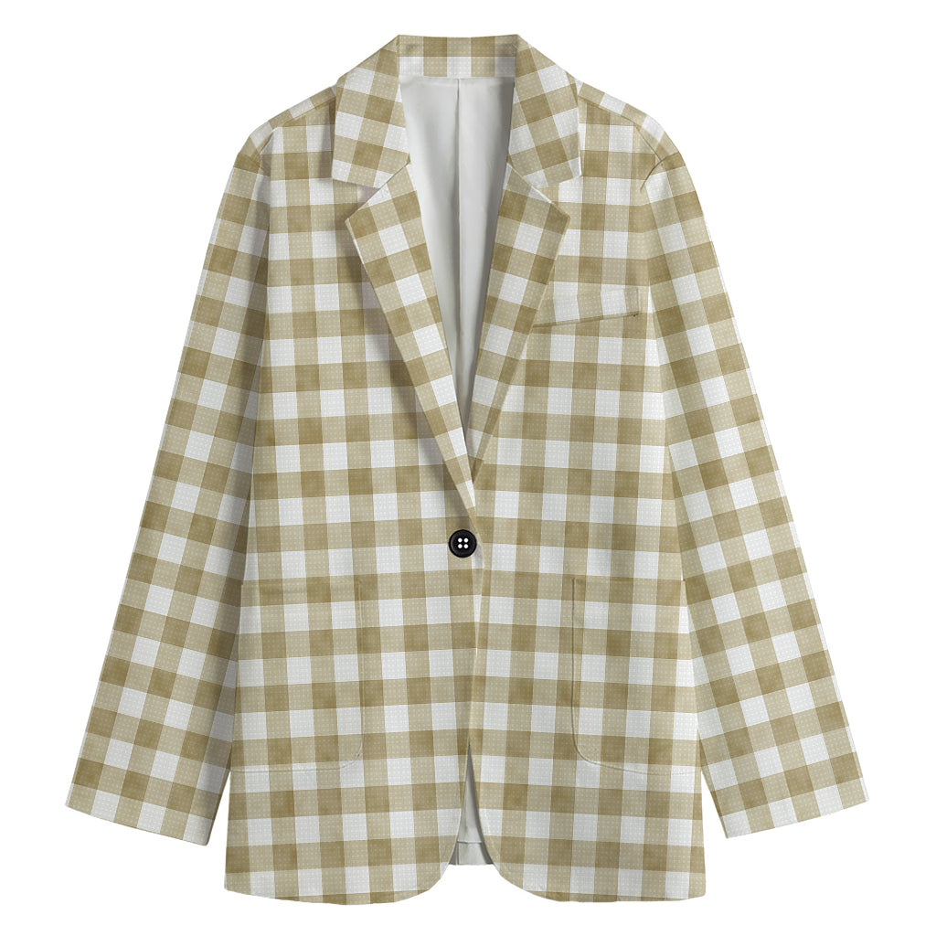 Beige And White Gingham Pattern Print Women's Cotton Blazer