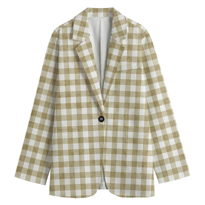 Beige And White Gingham Pattern Print Women's Cotton Blazer