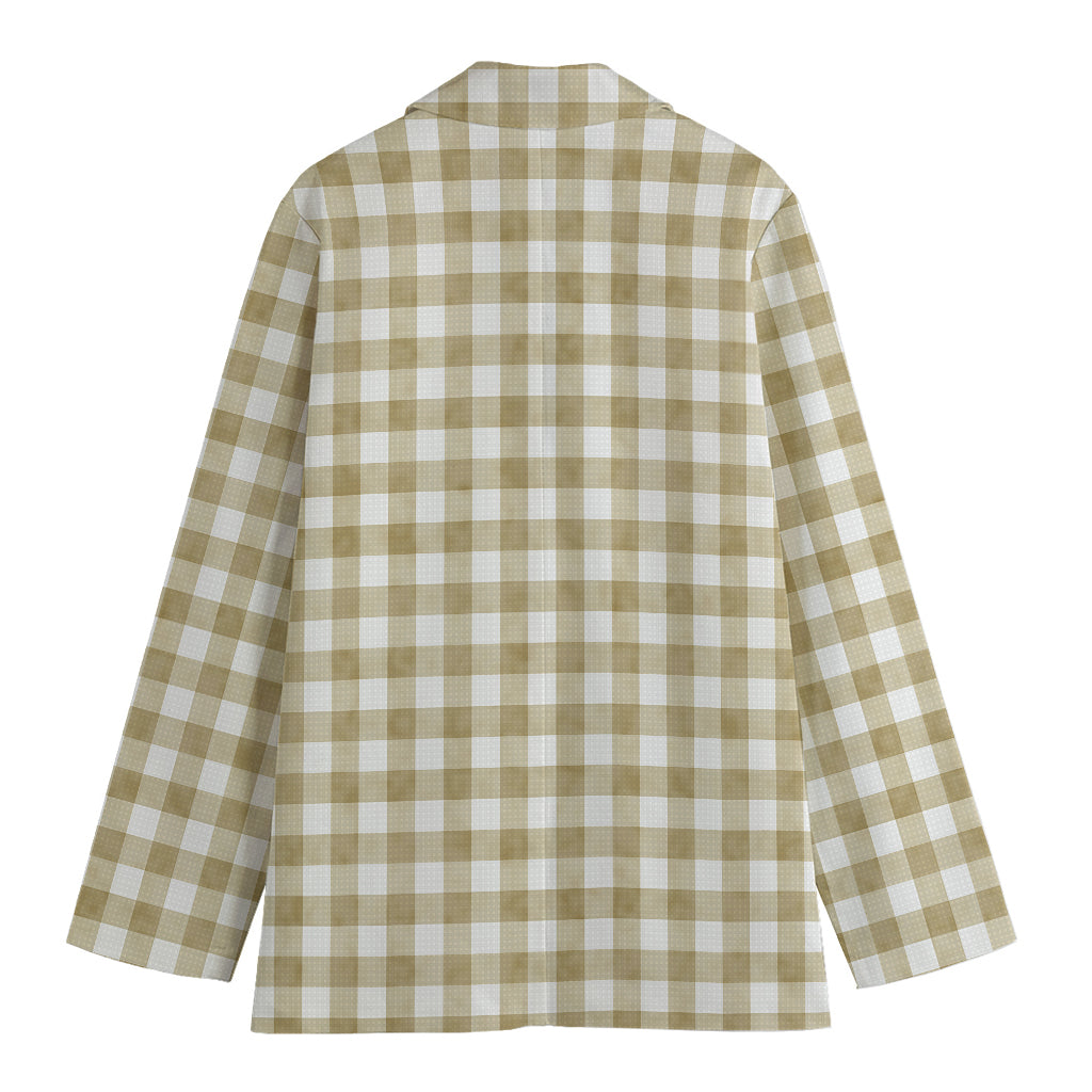 Beige And White Gingham Pattern Print Women's Cotton Blazer