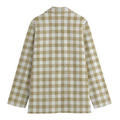 Beige And White Gingham Pattern Print Women's Cotton Blazer
