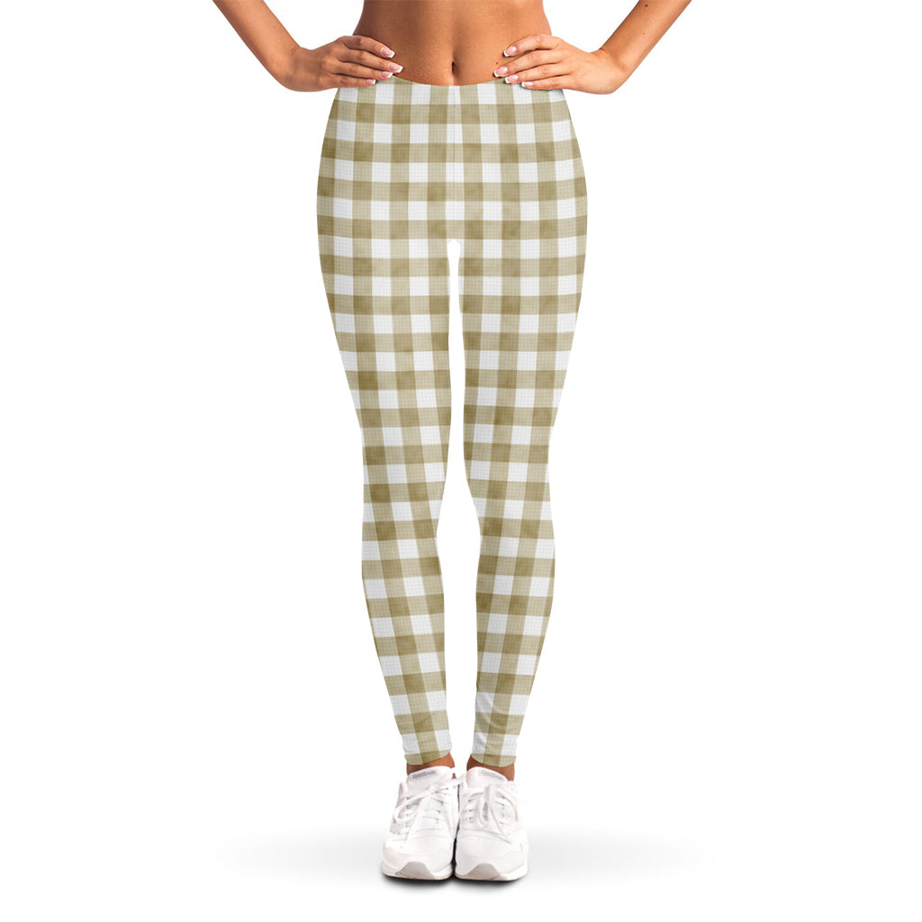 Beige And White Gingham Pattern Print Women's Leggings