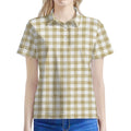 Beige And White Gingham Pattern Print Women's Polo Shirt