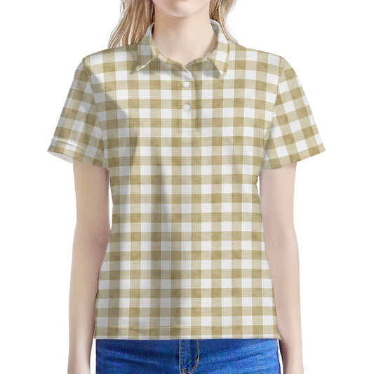Beige And White Gingham Pattern Print Women's Polo Shirt