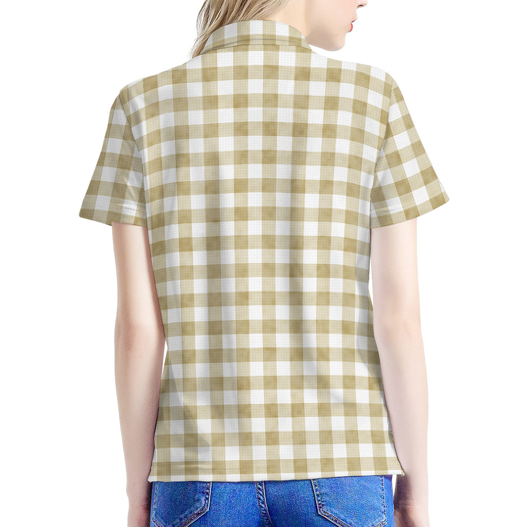 Beige And White Gingham Pattern Print Women's Polo Shirt