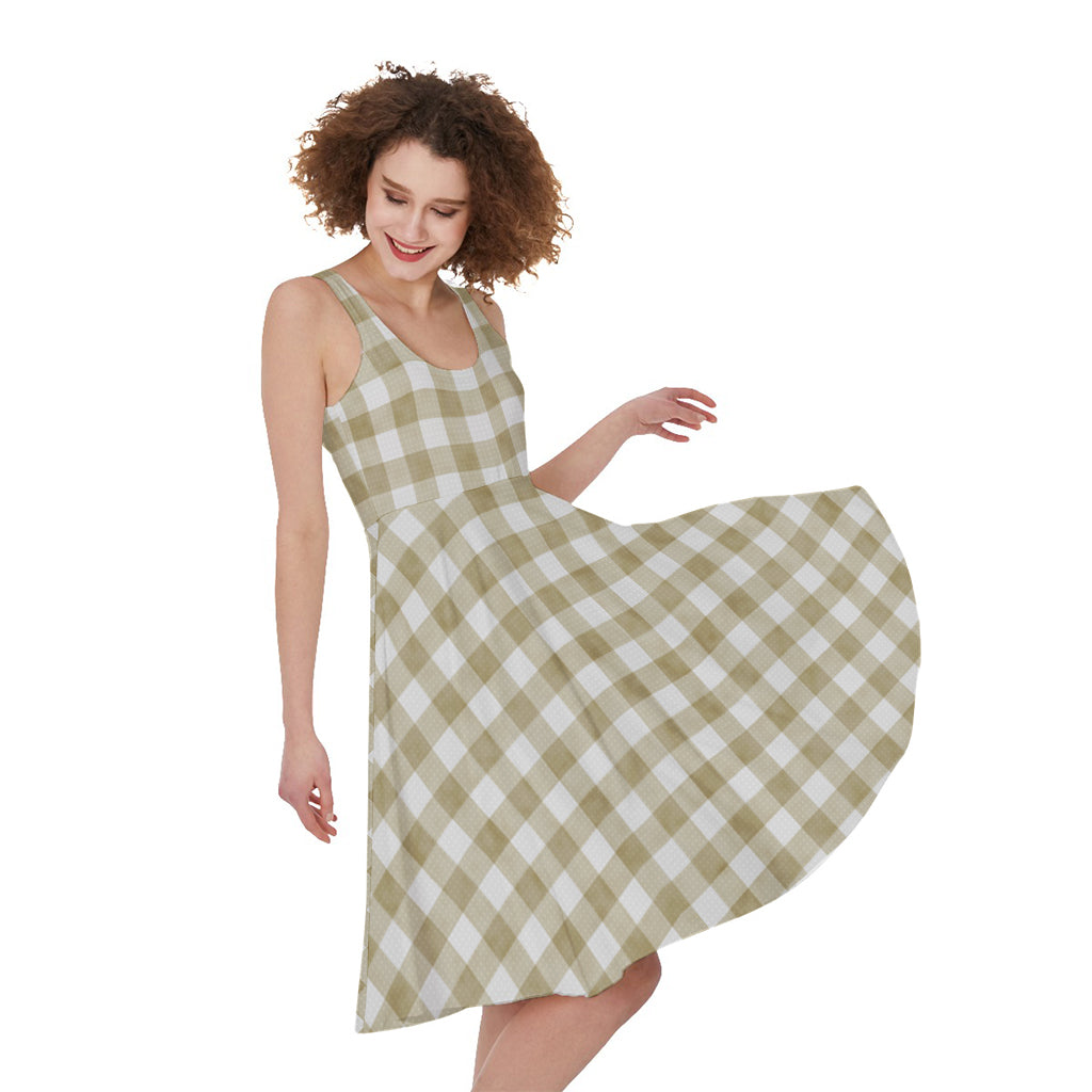 Beige And White Gingham Pattern Print Women's Sleeveless Dress