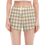 Beige And White Gingham Pattern Print Women's Split Running Shorts