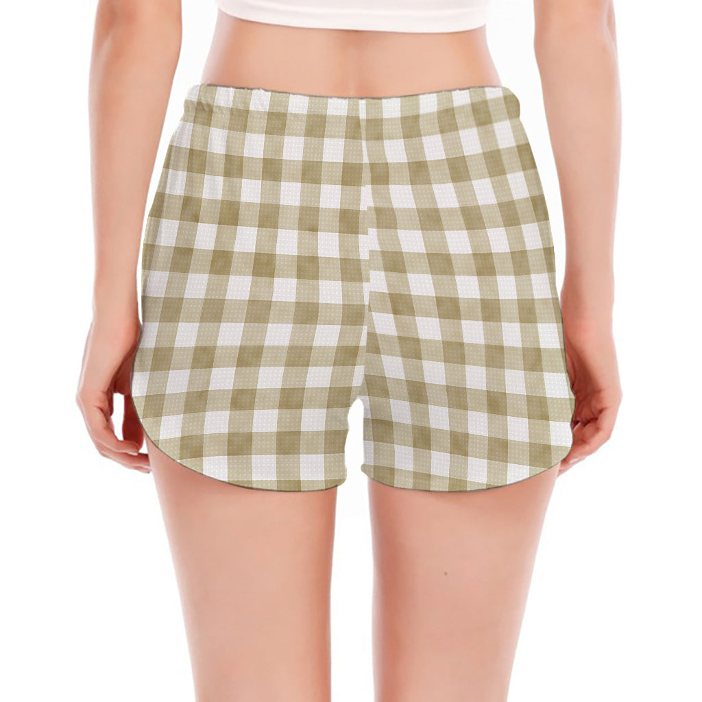 Beige And White Gingham Pattern Print Women's Split Running Shorts