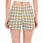 Beige And White Gingham Pattern Print Women's Split Running Shorts