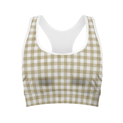 Beige And White Gingham Pattern Print Women's Sports Bra