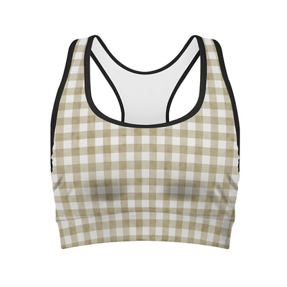 Beige And White Gingham Pattern Print Women's Sports Bra