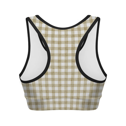 Beige And White Gingham Pattern Print Women's Sports Bra