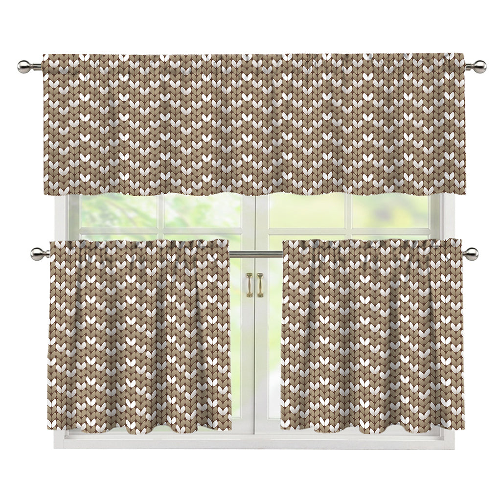 Beige And White Knitted Pattern Print 3 Piece Kitchen Curtains