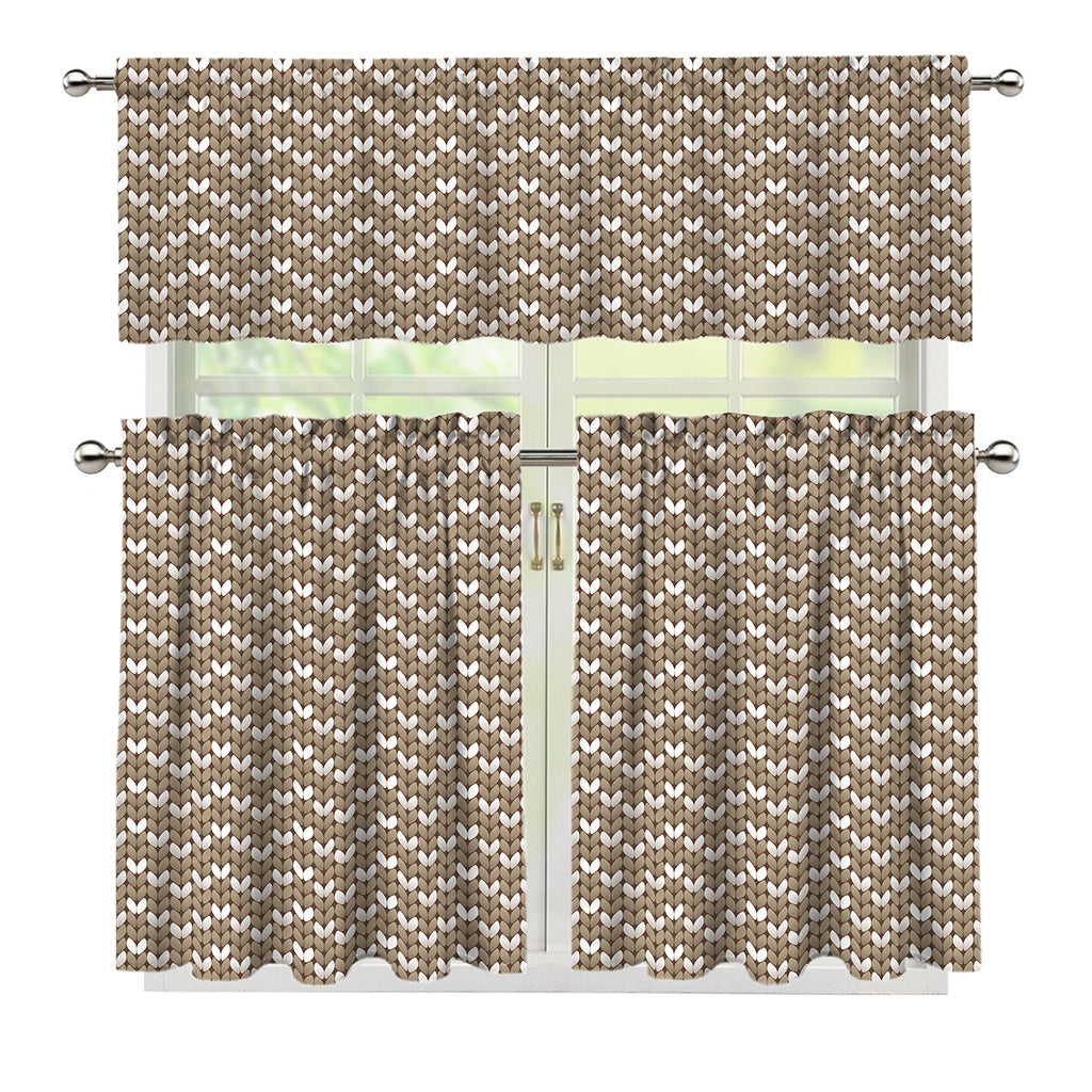 Beige And White Knitted Pattern Print 3 Piece Kitchen Curtains