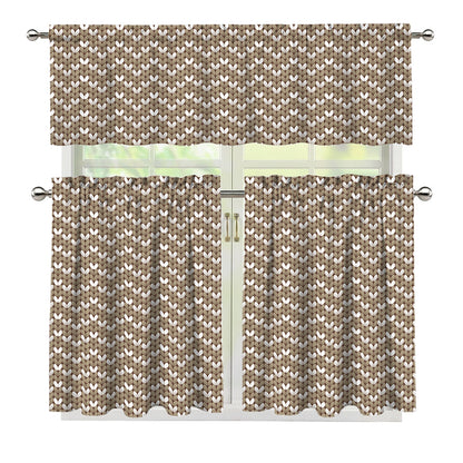 Beige And White Knitted Pattern Print 3 Piece Kitchen Curtains