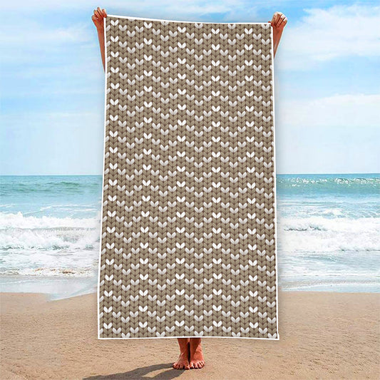 Beige And White Knitted Pattern Print Beach Towel