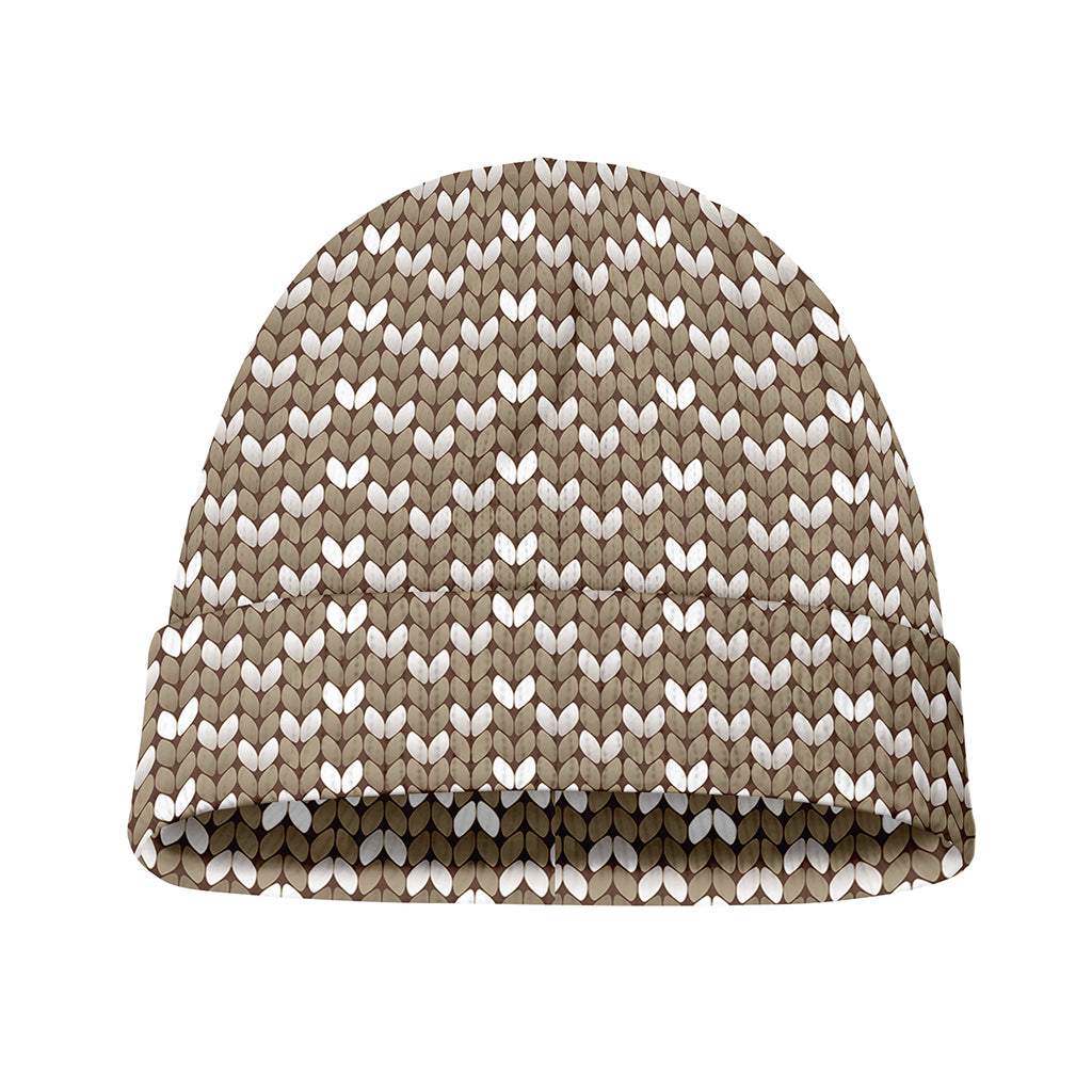 Beige And White Knitted Pattern Print Beanie