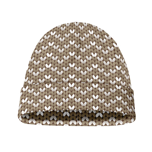 Beige And White Knitted Pattern Print Beanie